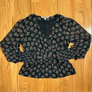 Walter Baker Peasant Top Blue Green Floral Mock Wrap Peplum Hem Boho Shirt M